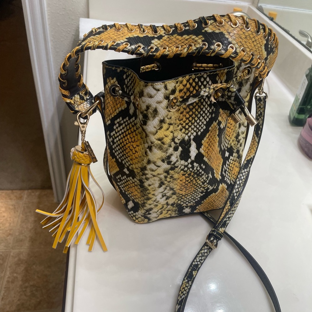 Aldo Yellow and Black Snake Print Crossbody Bag